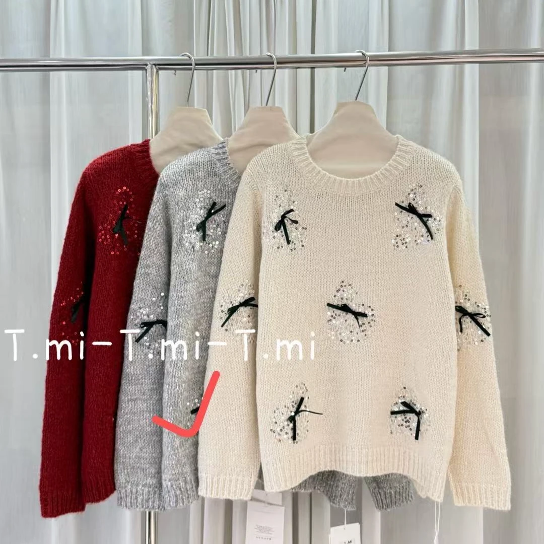 针织灰色蝴蝶结毛衣