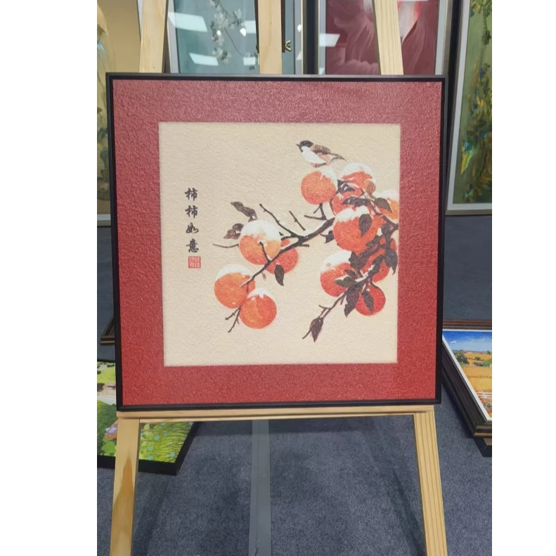 159中古新中式柿柿如意餐厅客厅书房卧室茶室装饰画砂岩5050