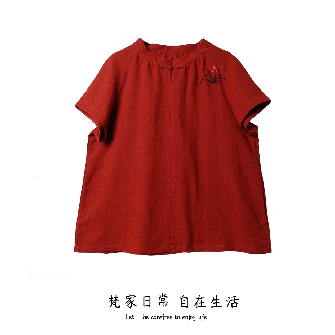 何梵思梵家日常苎麻衬衫新中式国风手绘上衣女2025新款夏禅意茶服