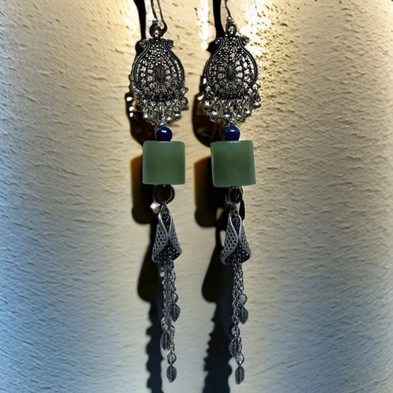 天然和田玉 民族风耳环配饰长款宫廷风纯手工手作 国检证书