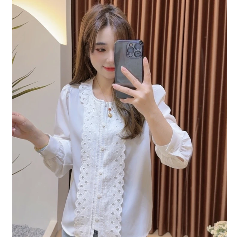 奈奈妮【清风白衫】蕾丝花边拼接圆领衬衫长袖气质上衣百搭63007