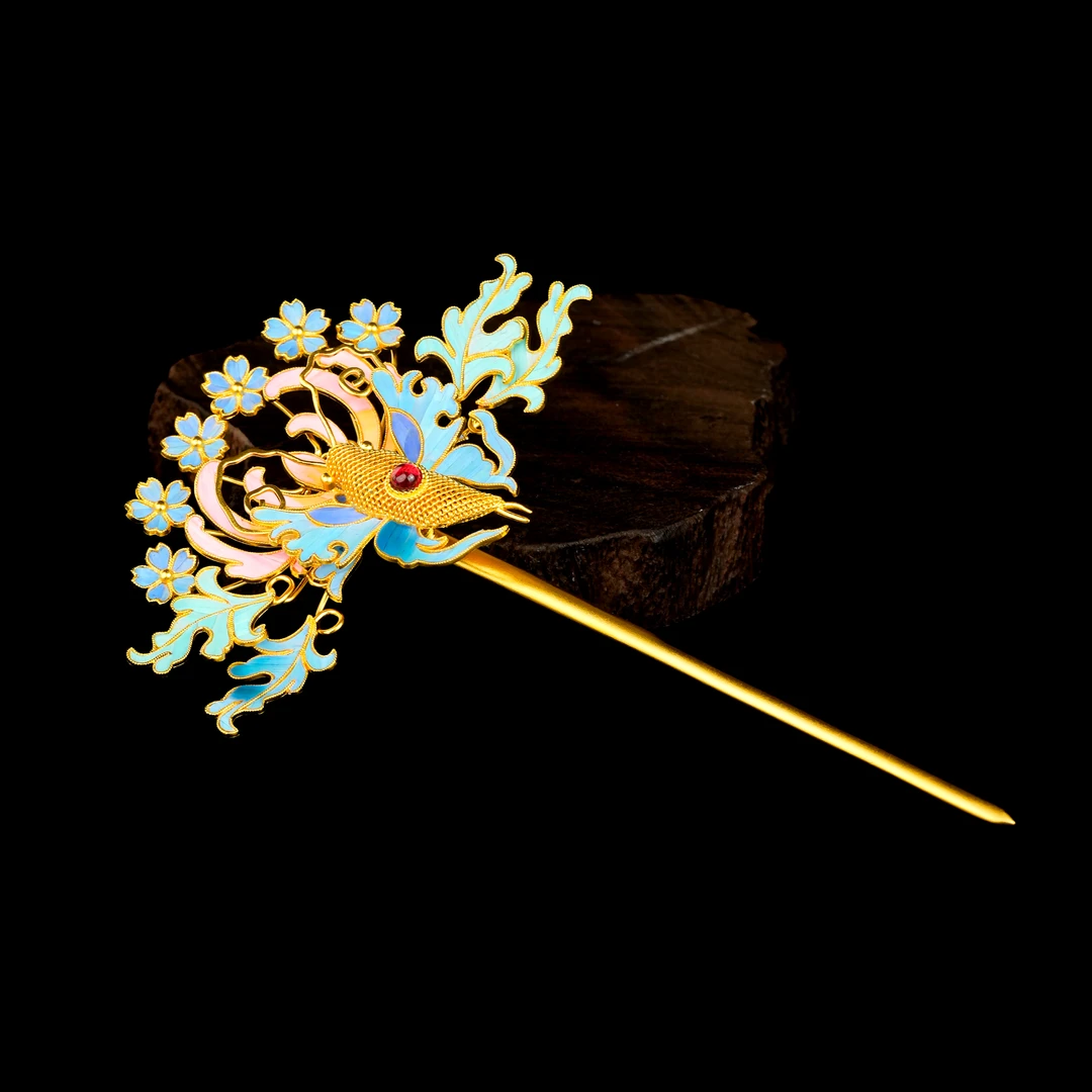 ZOCAI/佐卡伊【传世之美】古法黄金足金点翠秋菊与蝶发簪