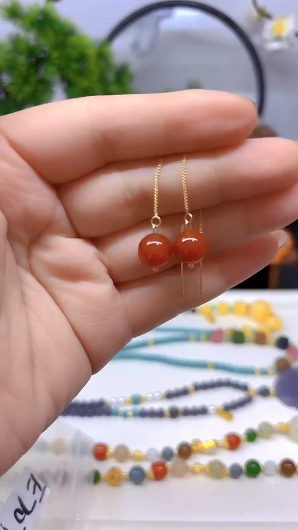 银S925镀金镶嵌南红玛瑙耳饰E707