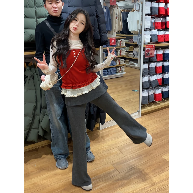 韩系吊带背心甜美风独特别致长袖可叠穿上衣微喇休闲裤阔腿拖地裤