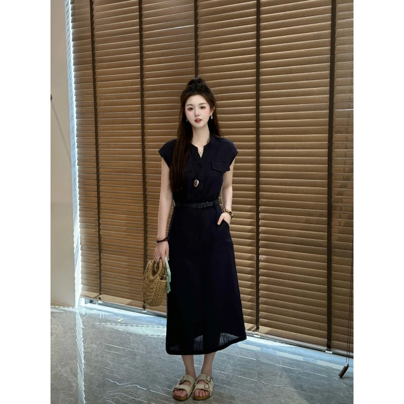 宿慕SUMU夏季显瘦圆领连衣裙2025新时尚减龄收腰气质无袖连衣裙