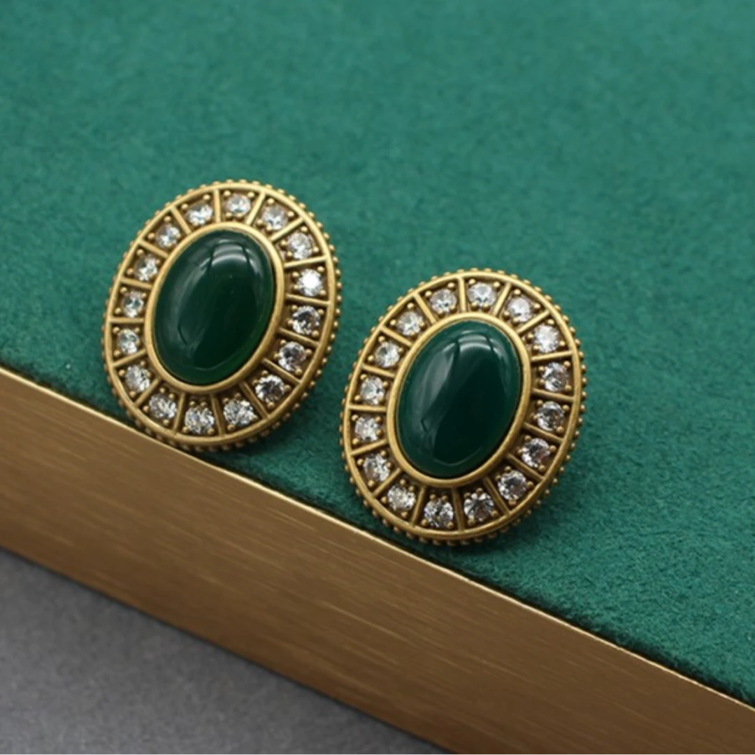 铜合金琉璃耳饰 复古风金色椭圆耳钉气质时尚法式耳环