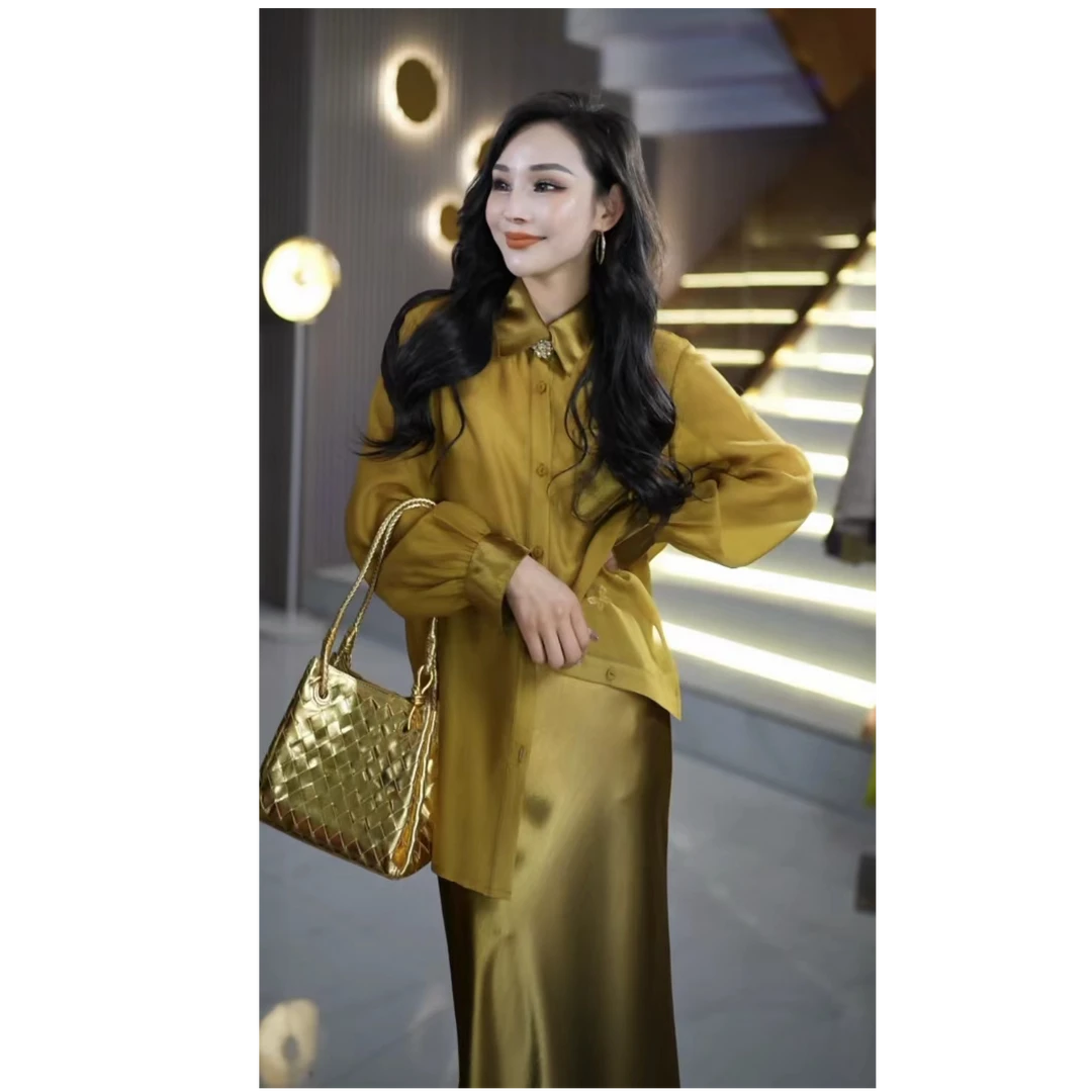 气质时尚百搭显瘦天丝泡泡绉拼接醋酸领长袖衬衫衬衣ML25712C