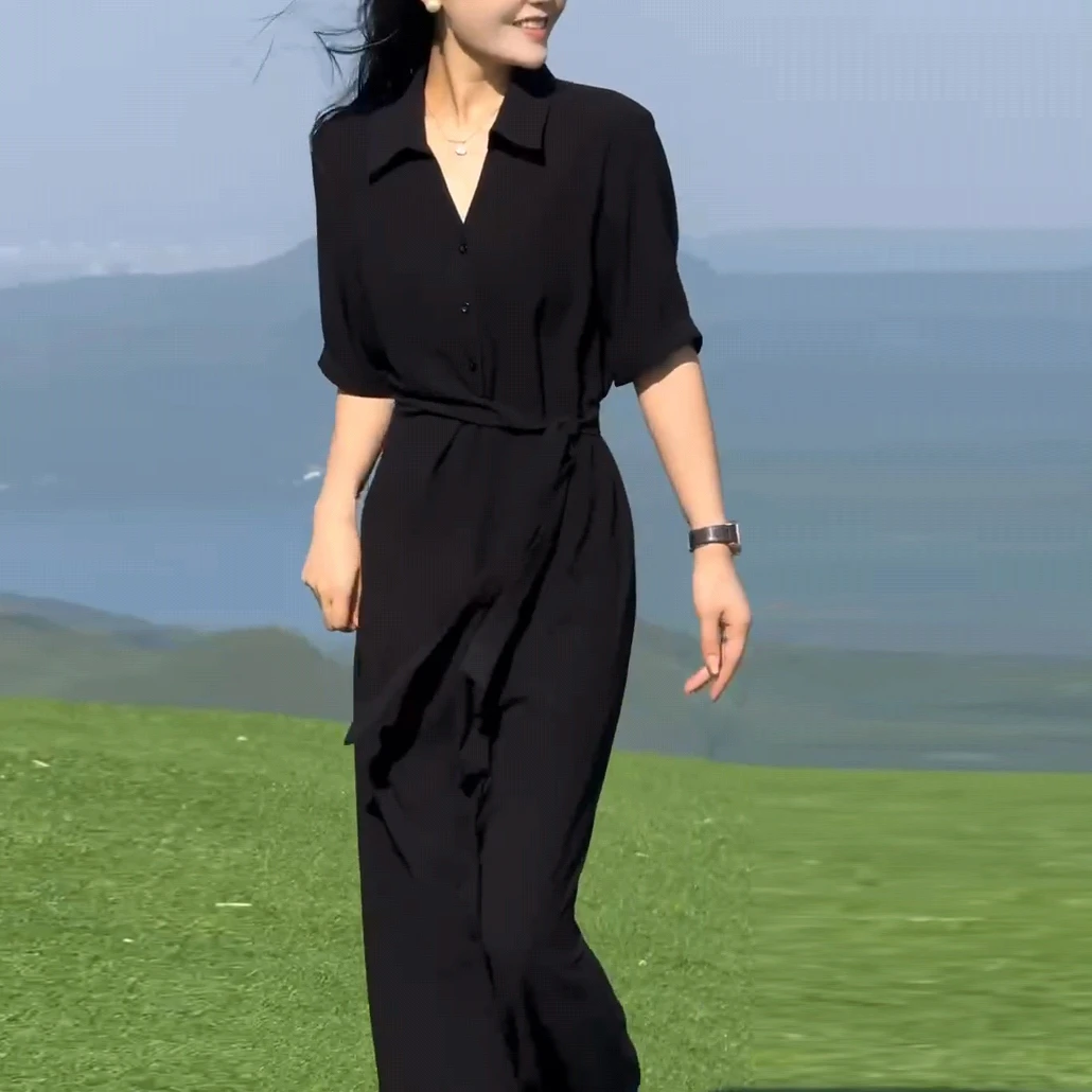 2025夏季新款时尚轻奢赫本风收腰女式新款连衣裙黑色系带长裙气质