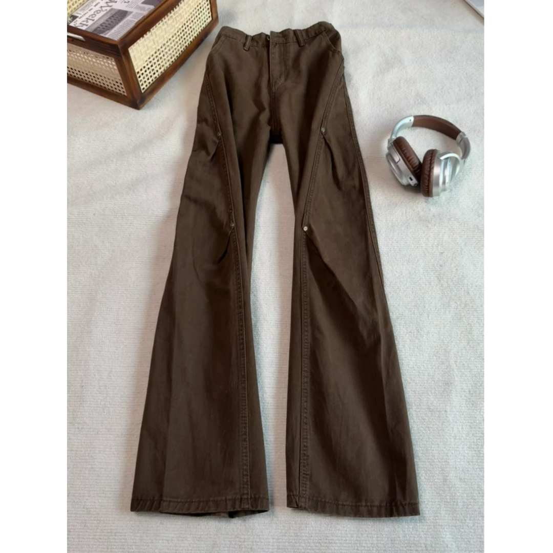 美式复古铆钉斜切牛仔裤男款秋冬重磅纯棉弯刀阔腿显瘦工装长裤