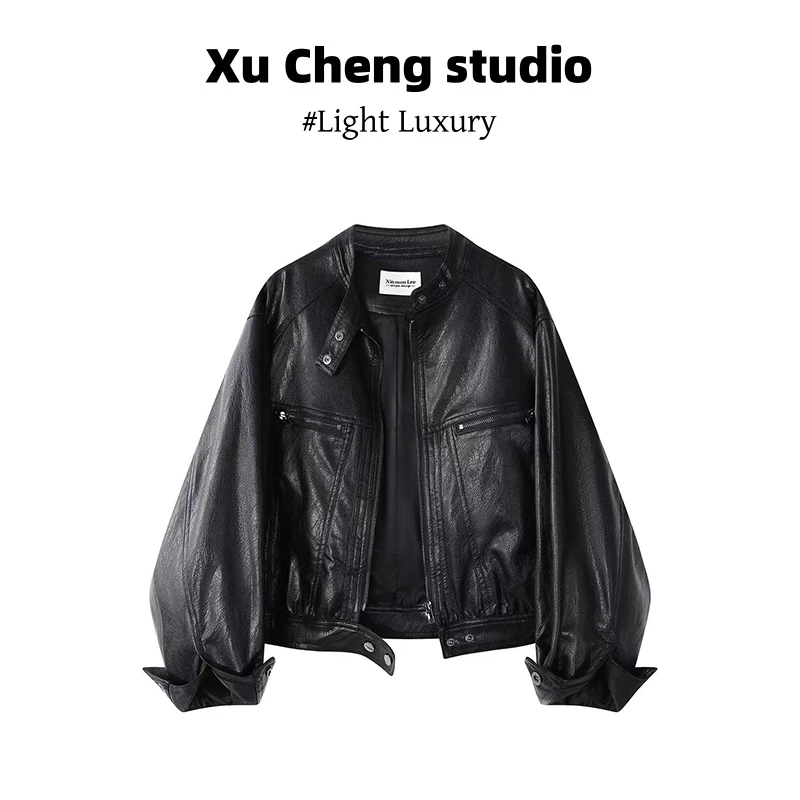 Xu Cheng韩系2025秋季夹克上衣复古圆领皮衣外套高腰垂感宽松裤子