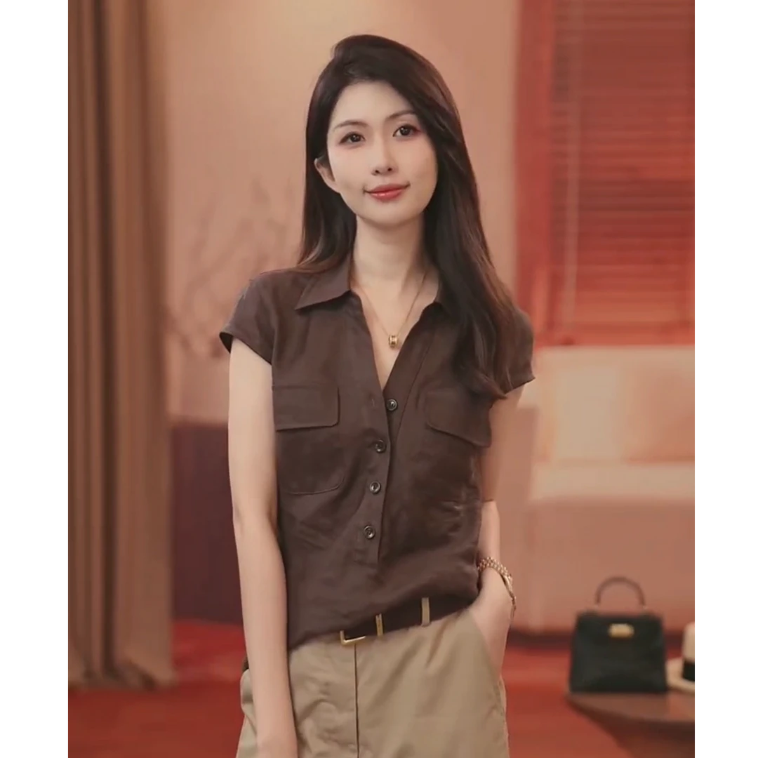 VITALITY COCO【意式复古】独特2025新款100亚麻小飞袖短袖衬衫1236