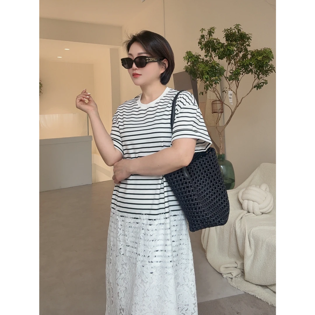 【卡蔓陈LILI】韩系蕾丝拼接条纹短袖T恤不规则连衣裙