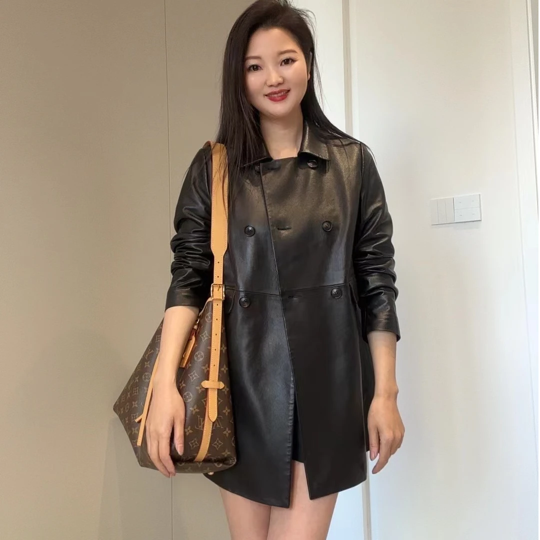 82507#新款绵羊皮风衣气质百搭时尚真皮中长款显瘦休闲真皮皮衣