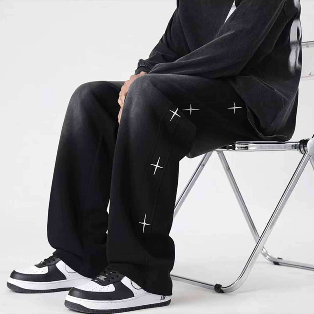 美式复古水洗做旧侧边十字星星刺绣宽松垂感直筒休闲裤 男女同款