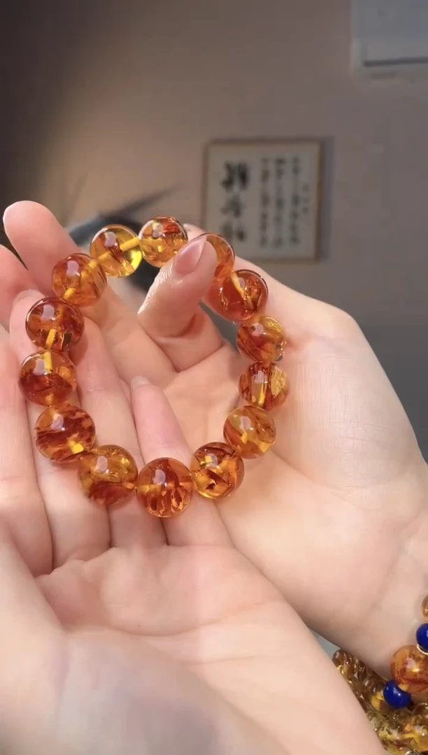 裸石琥珀未镶嵌16+ 花珀圆珠手串