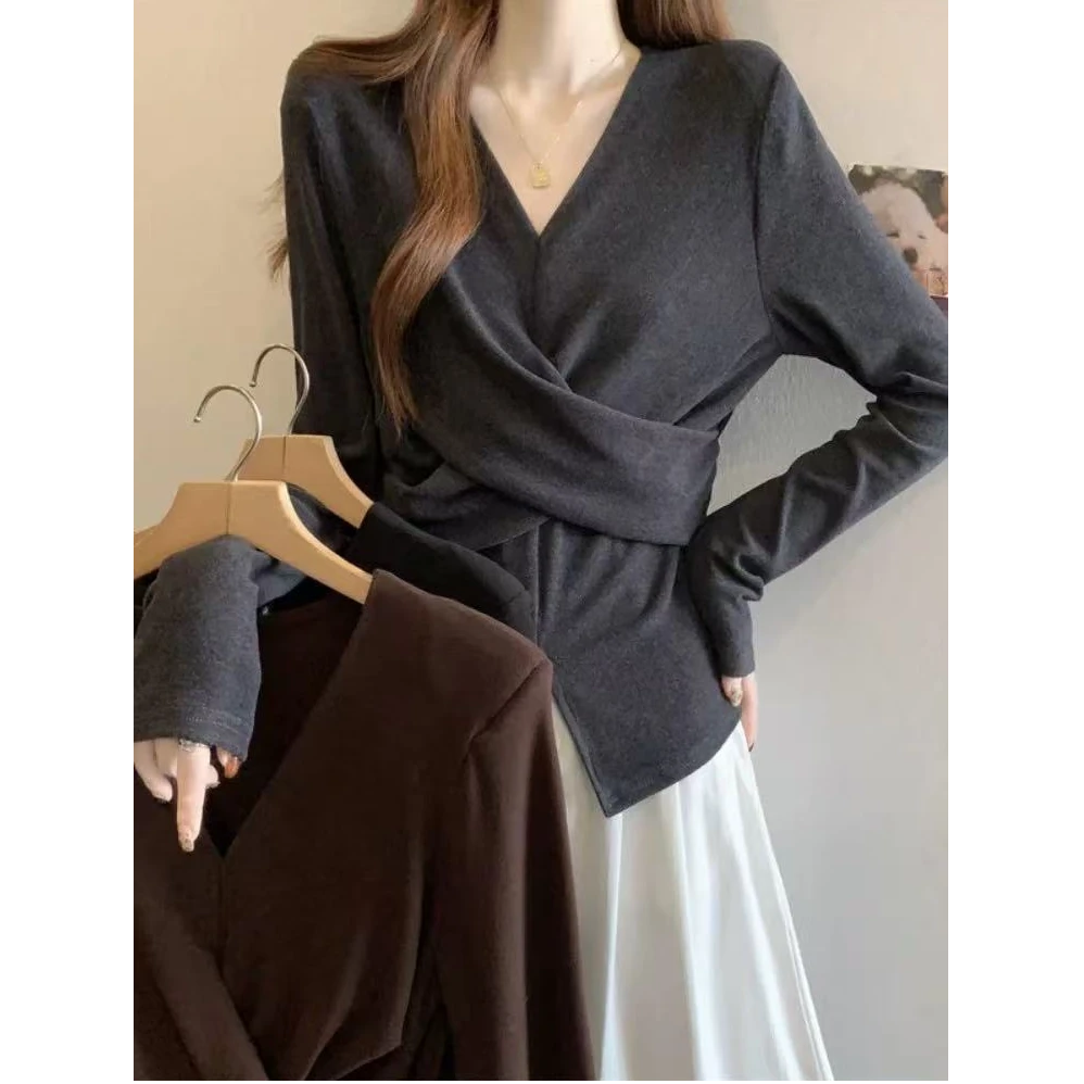 【慕斯双面绒】磨毛抽褶V领拼色气质设计感T恤修身型长袖休闲风9153