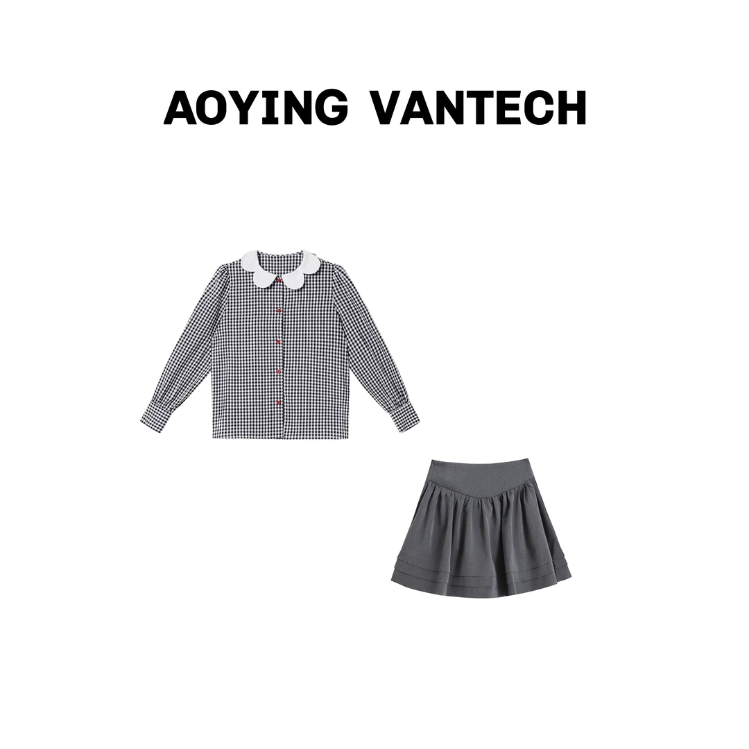 AOYING VANTECH【绽放少女】花瓣领黑白格衬衫+半身裙两件套装
