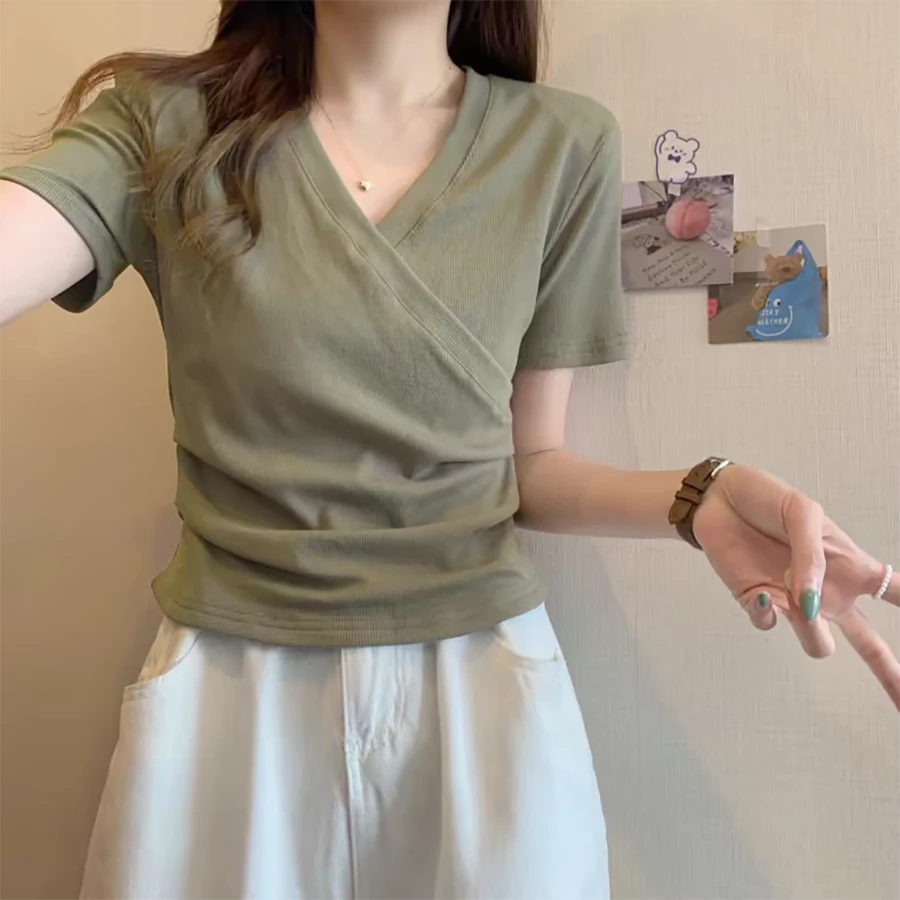 夏季设计感正肩T恤独特V领交叉短袖不规则短款洋气显瘦休闲上衣