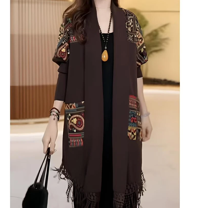 2025早秋新款时尚印花披肩外套女中长款宽松拼接流苏披风妈妈开衫