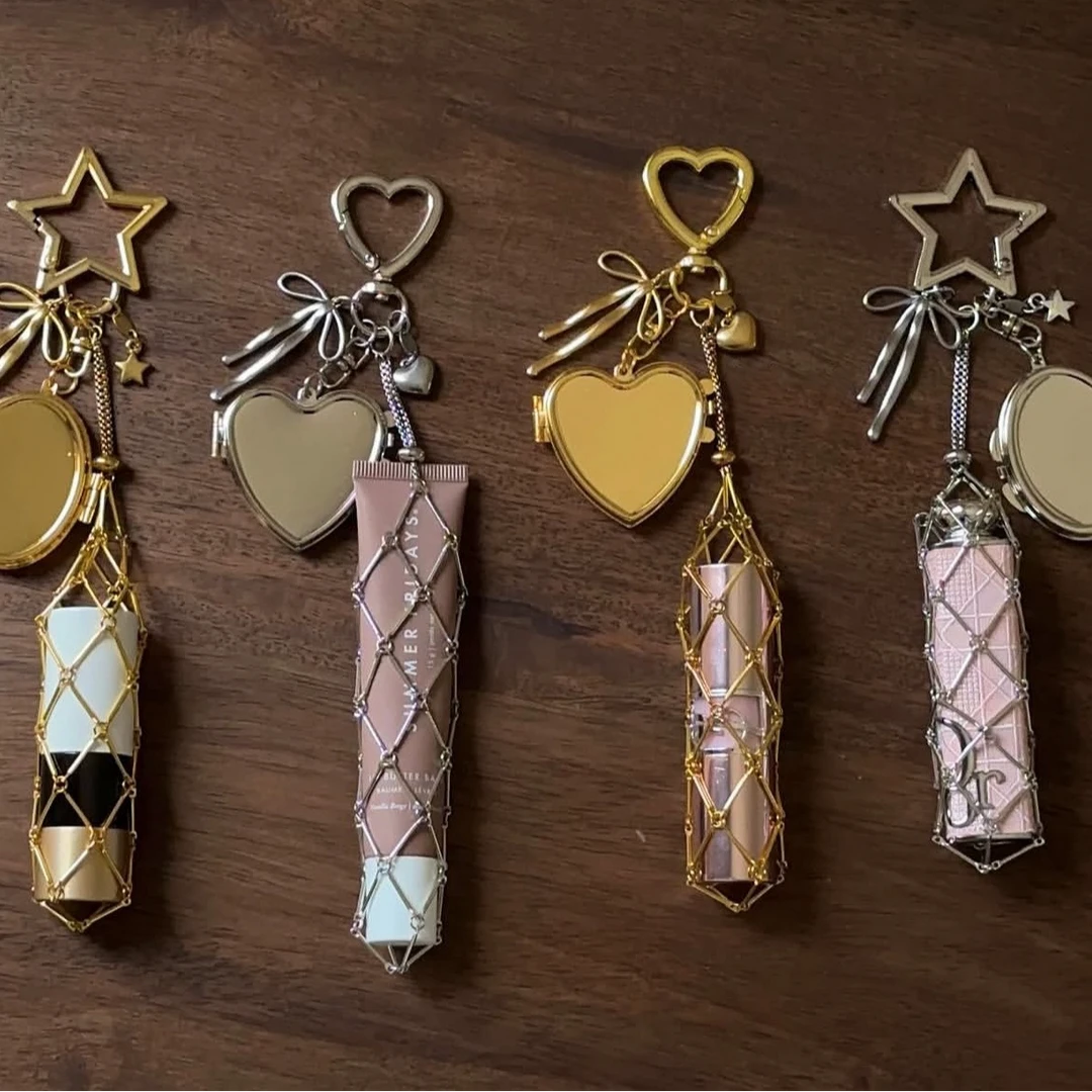 韩版金属钥匙链网兜吊坠口红镜子网袋唇釉口红链Lipstick Chain