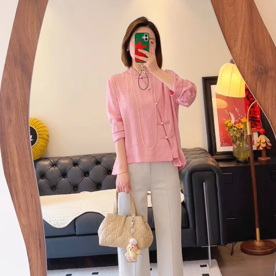 Art li新中式国风立领盘扣衬衫女春季复古提花设计感小众上衣2509