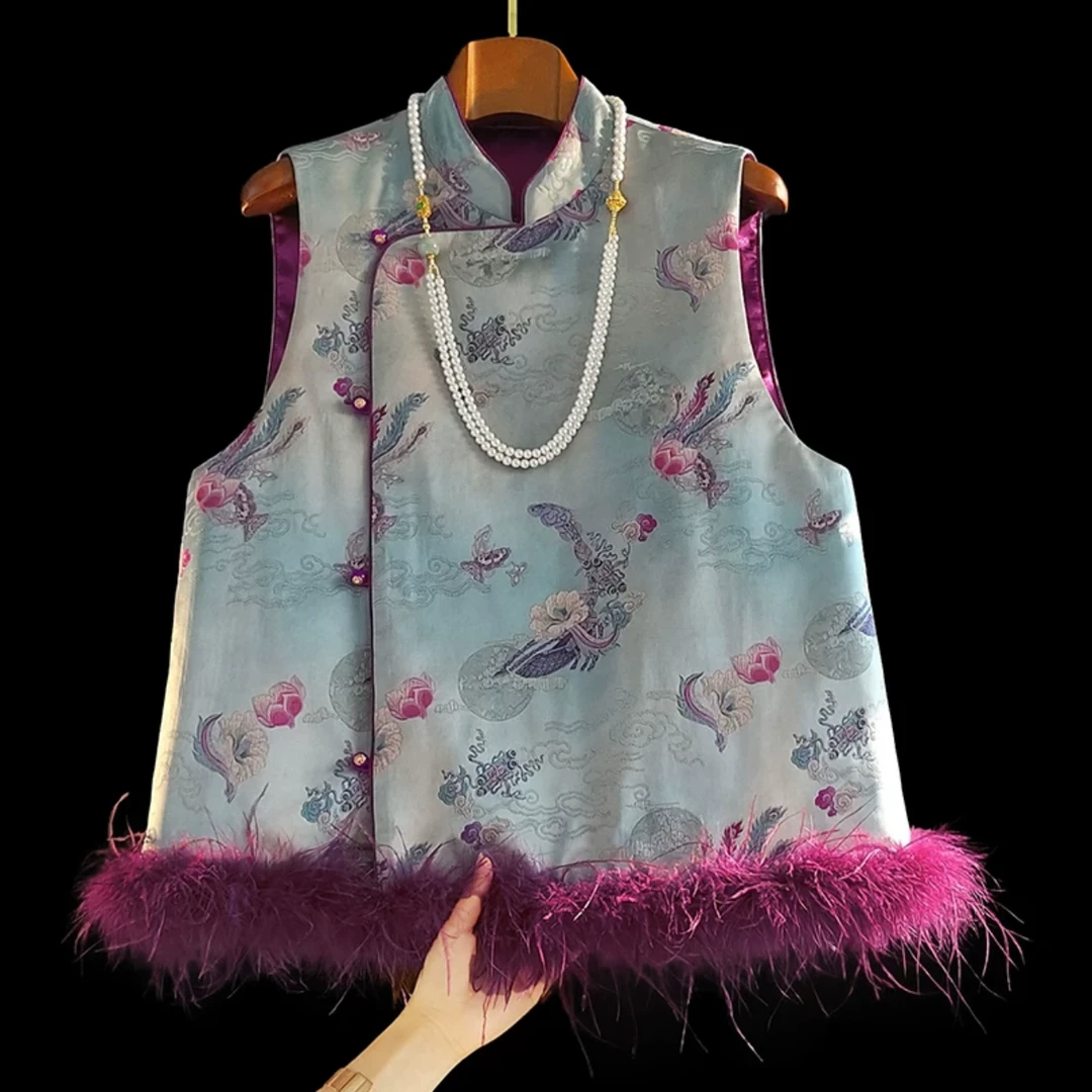 南油国风拼接新中式提花棉背心坎肩女设计感复古立领夹棉国风