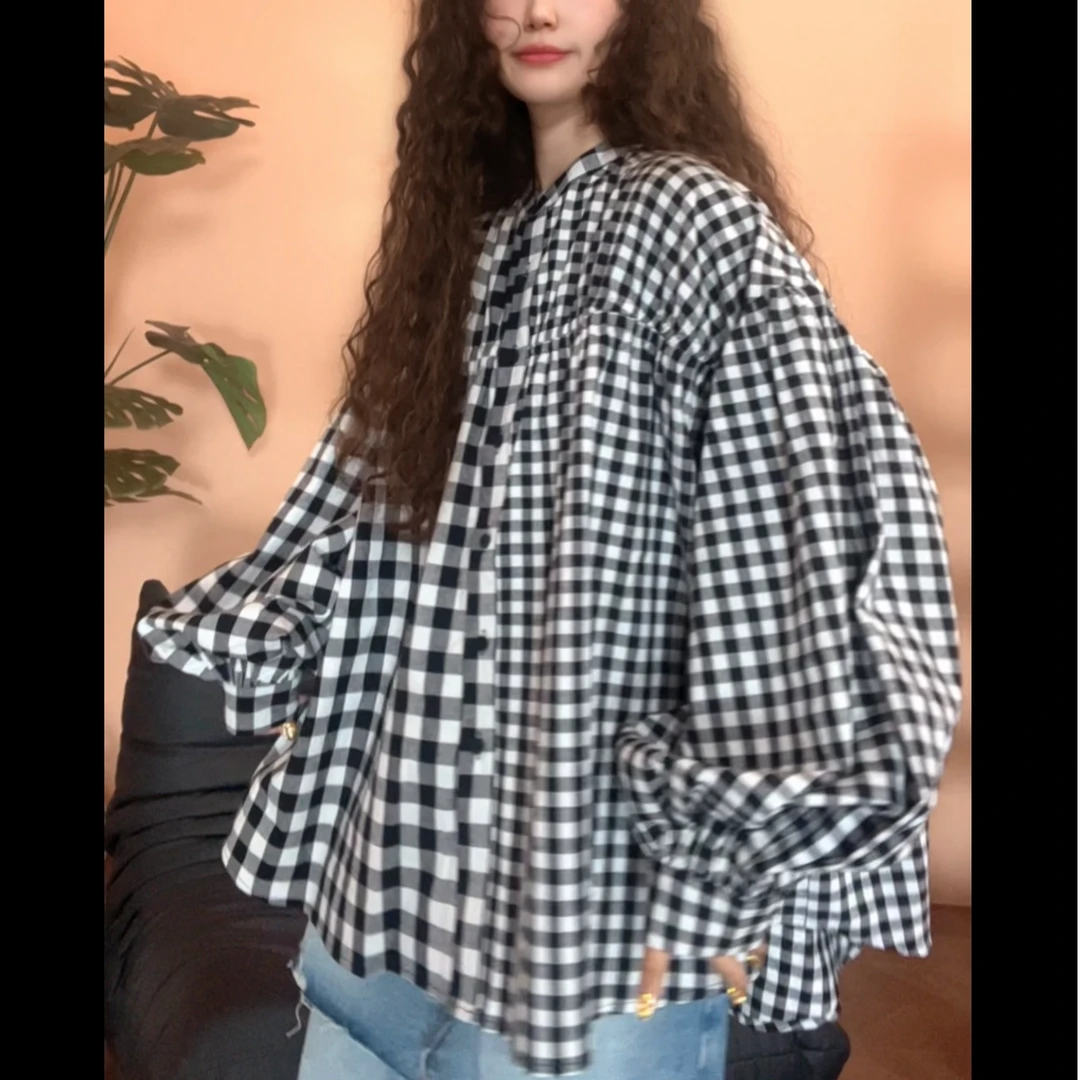 museguhui/木色古汇80679#格子拼接AB面设计款时尚百搭衬衣