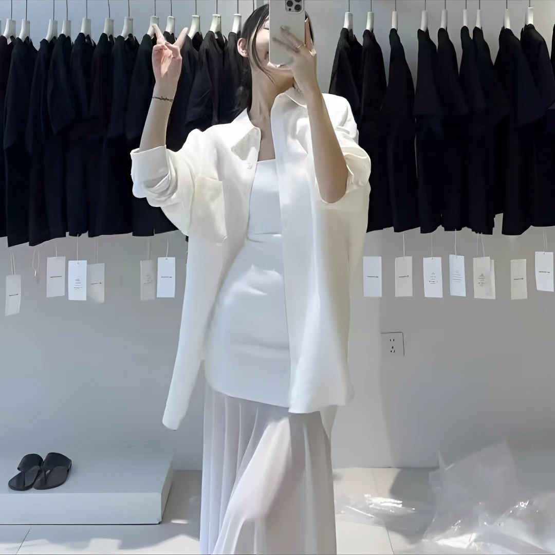 纯色简约设计感露背衬衫休闲上衣白色长裙套装气质显瘦轻奢时尚