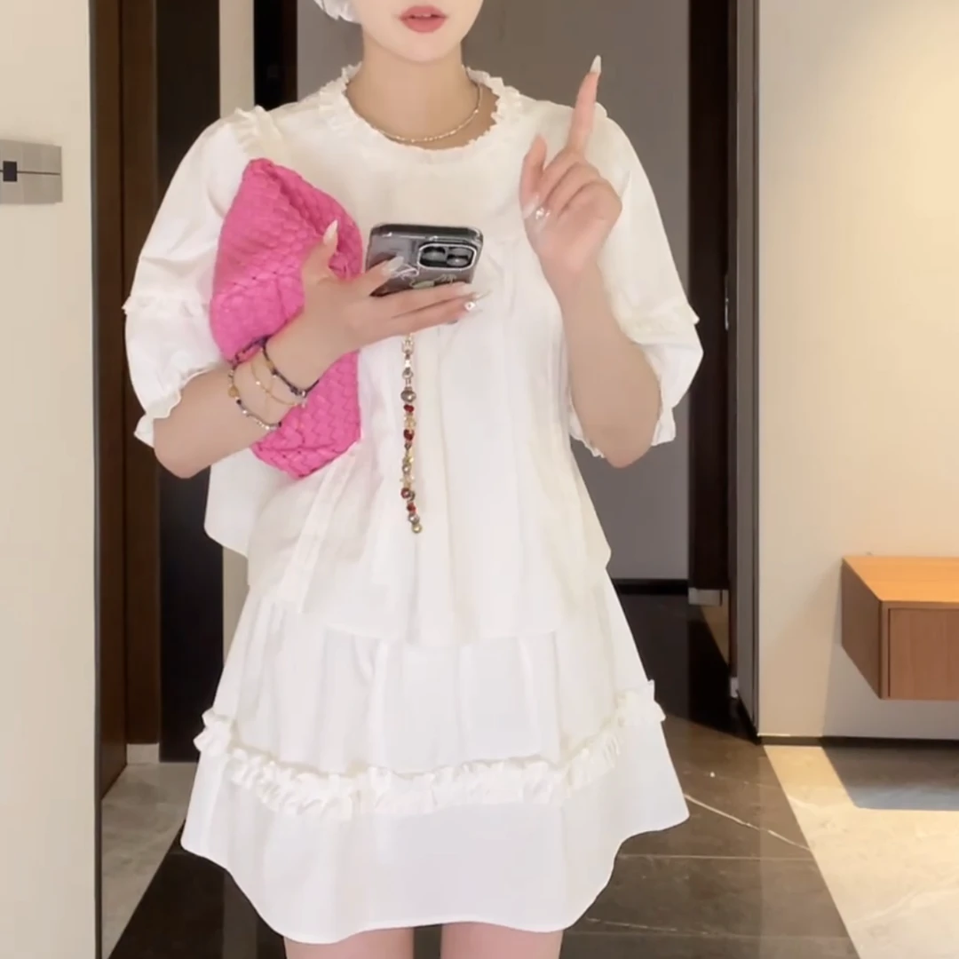 2025夏季新款千本樱特调花边泡泡袖套装上衣+半身裙LK2503217