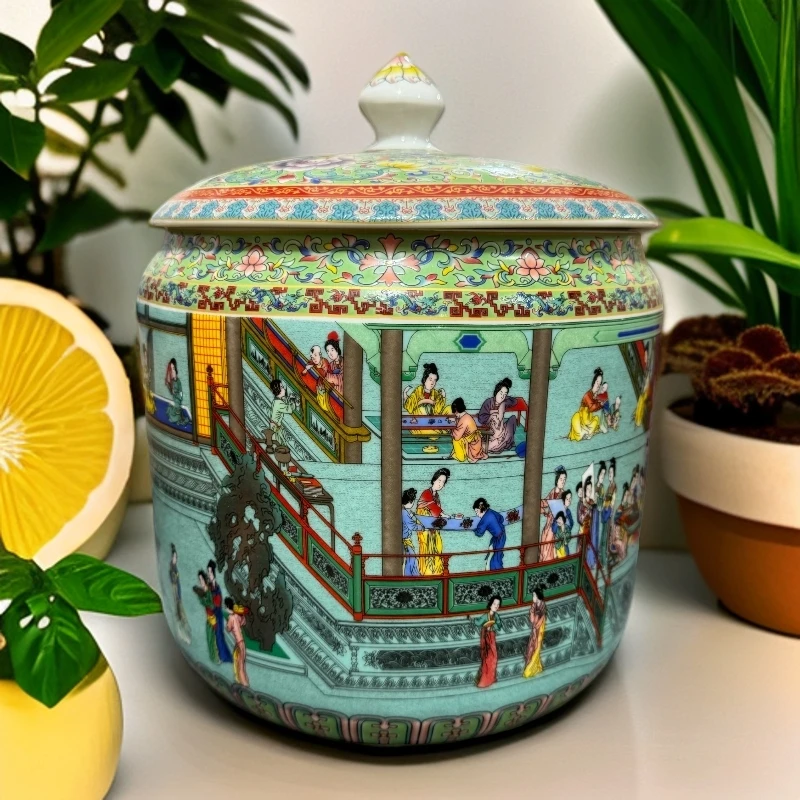 高度25口径23景德镇珐琅彩湖水蓝红楼梦10斤装罐236