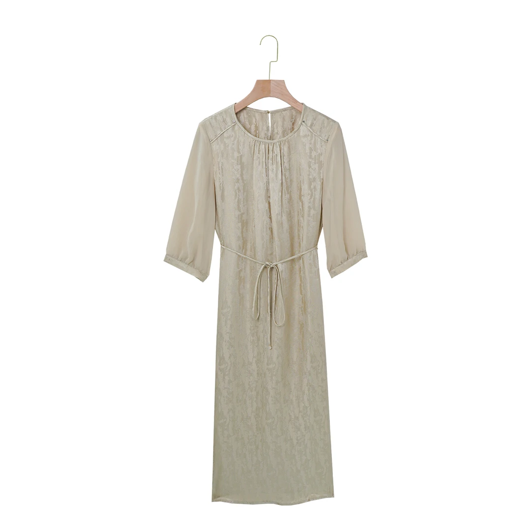 长袖圆领套头A字裙常规连衣裙系带收腰春夏设计师百搭女士69L3152