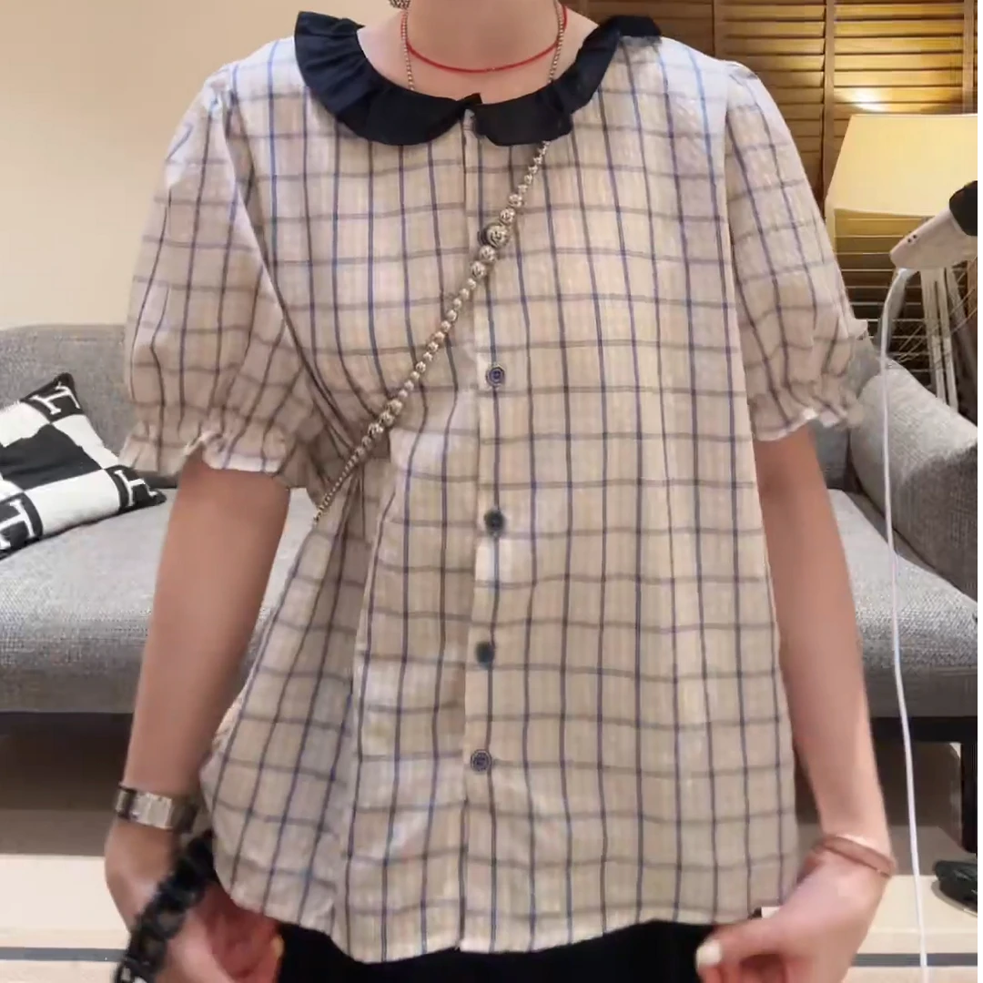 娃娃领格子宽松显瘦百搭短袖上衣