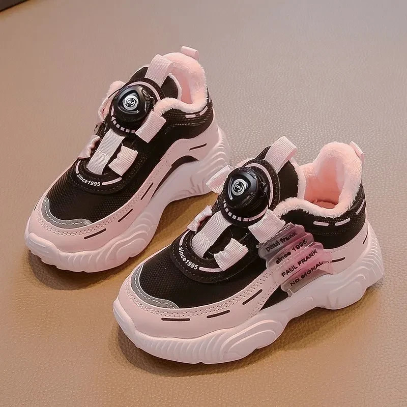 加绒保暖皮面二棉鞋防水女童老爹鞋公主鞋运动鞋旋转扣女孩儿童鞋