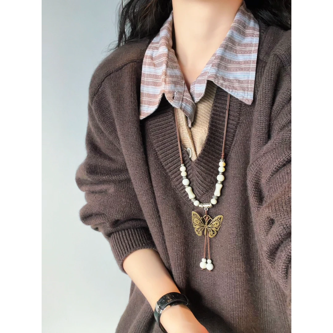 V37慵懒风假两件V领套头针织毛衣男秋季美式复古纯色休闲打底线衣