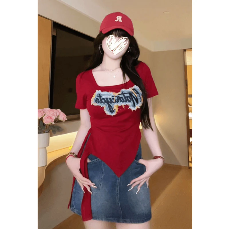 【简约法则】微胖mm纯欲基础简约字母正肩短袖t恤夏季显瘦短款上衣