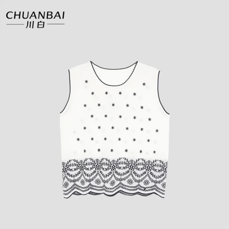 CHUANBAI 川白夏季新款复古雪花刺绣宽松针织马甲时尚轻奢短袖