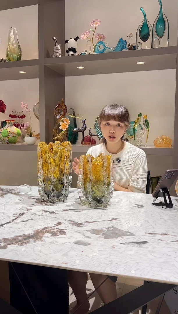 琥珀气泡琉璃花瓶一对