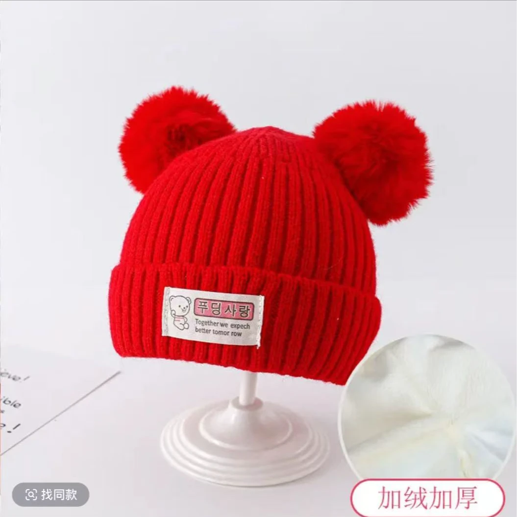 冬款婴儿帽子小宝宝毛线帽加绒男女宝新生儿针织帽小月龄