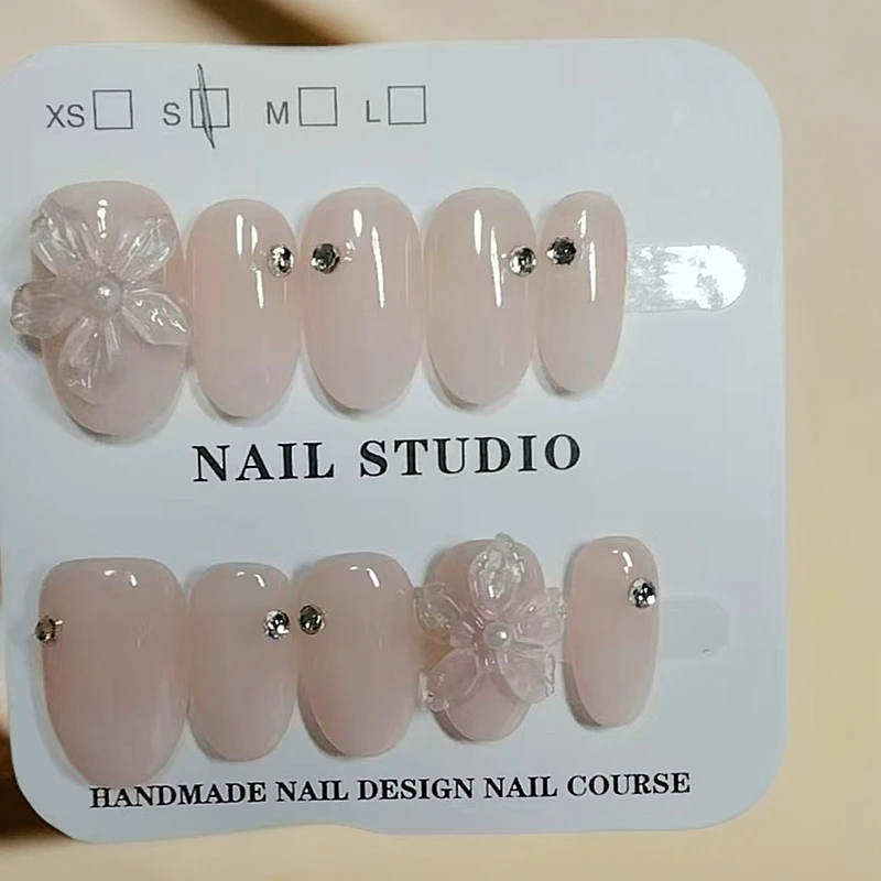 纯欲冰花氛围感手工穿戴甲腮红立体冰花碎钻杏仁美甲穿戴式手工甲