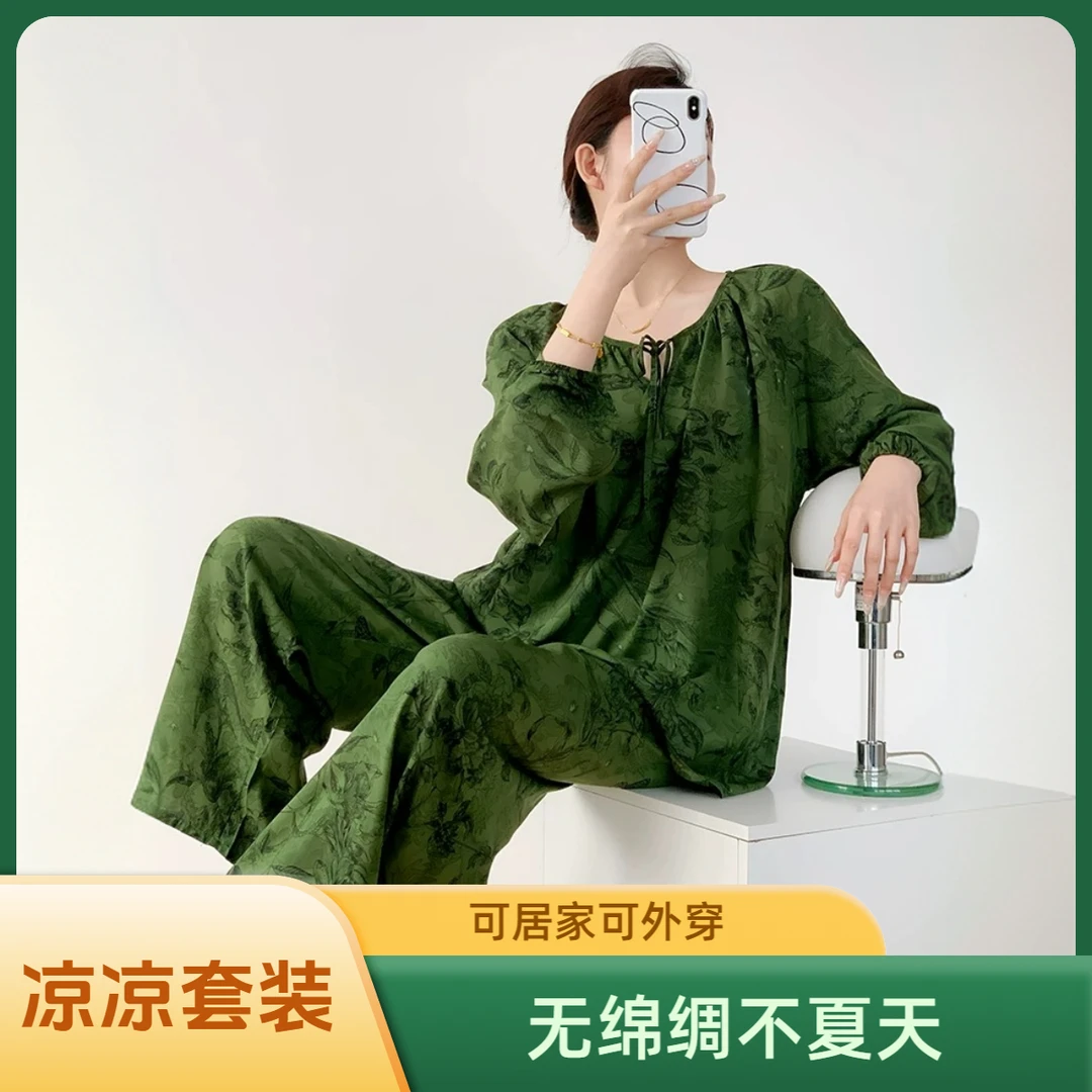 中国风棉绸女家居服套装薄款夏季长袖人造棉睡衣可外穿长款家居服