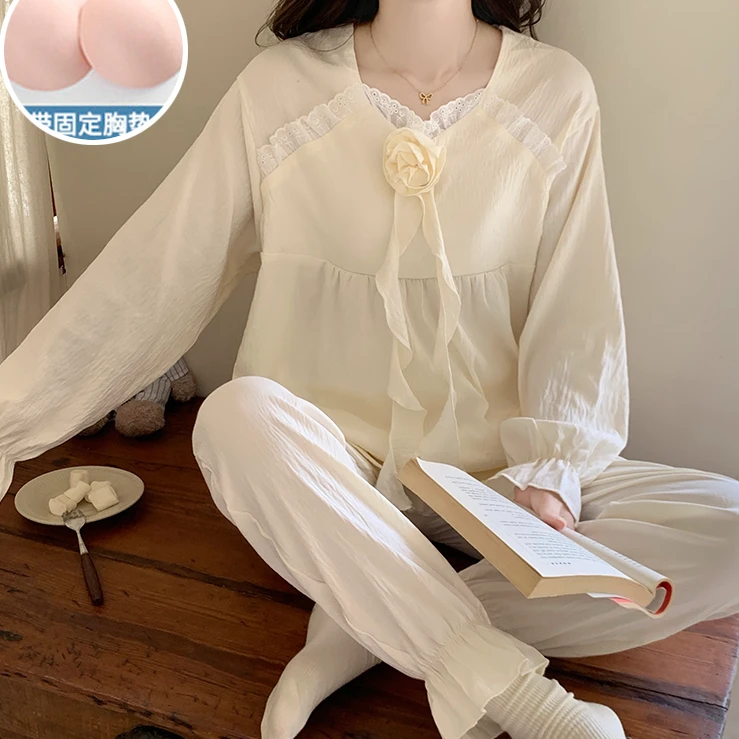 睡衣女款春秋季带胸垫长袖纯色简约风宽松版冬天可外穿家居服套装