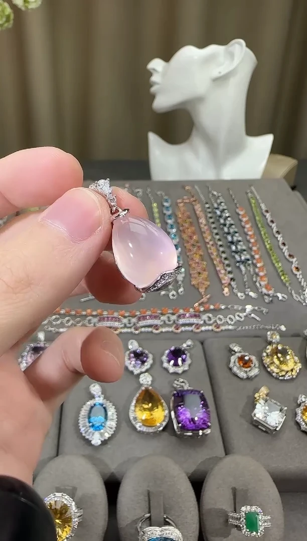 颈饰银S925镶嵌芙蓉石13*18mm吊坠星光粉水晶