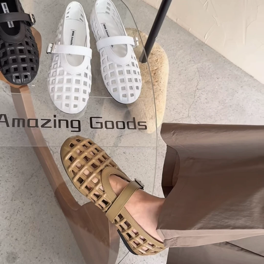 wm6女鞋2025新款法式极简风镂空单鞋夏季平底浅口复古玛丽珍826-1