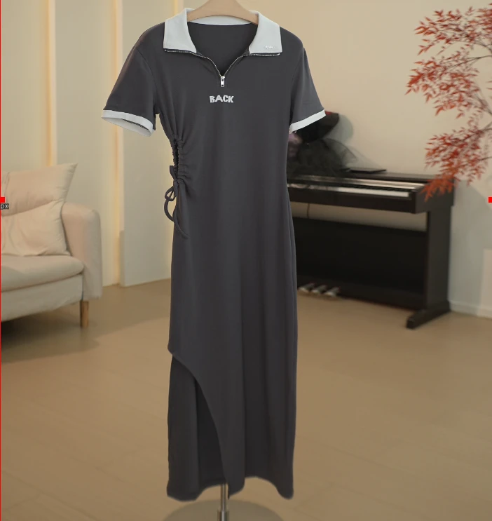 C481 ML系列休闲纯色下摆开叉POLO领单侧收腰镂空连衣裙