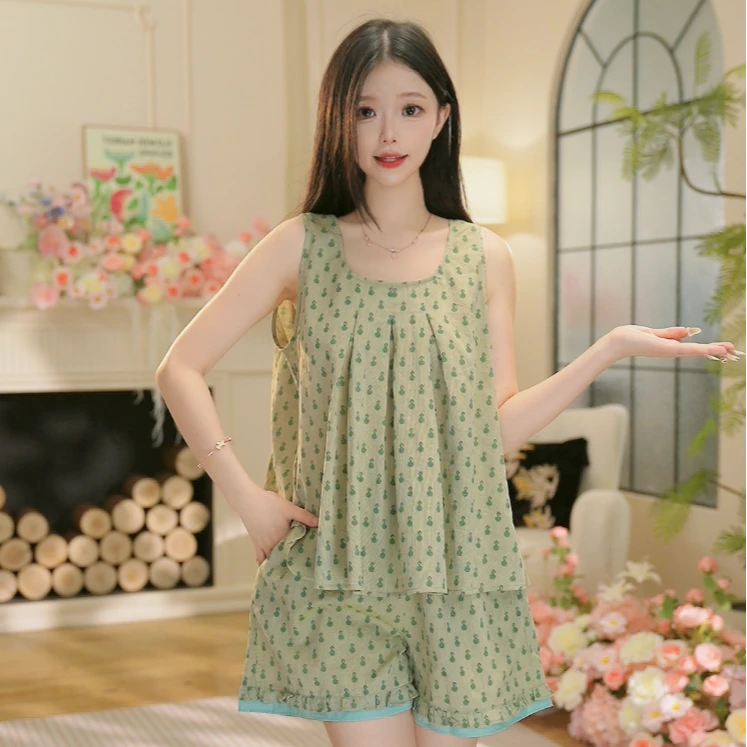 【雾野艾绿~】S夏季新款纯棉棉纱面料家居服高颜值舒适透气睡衣套装