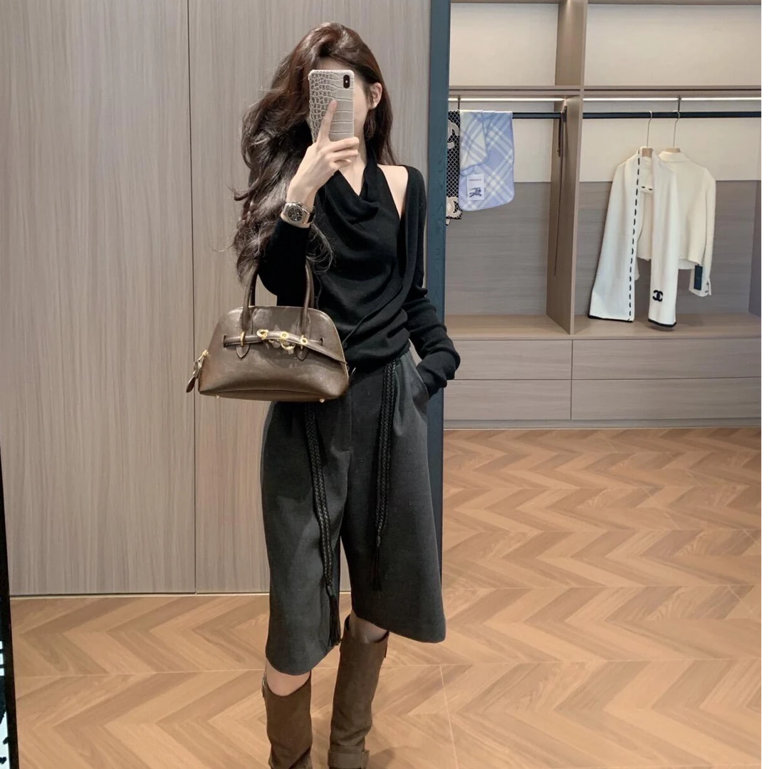 复古港风韩版设计感外穿上衣气质显瘦洋气休闲百搭外穿裤子套装女