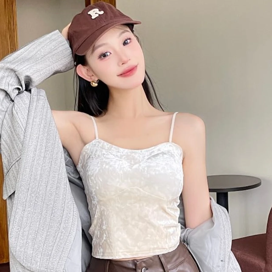 美背一体打底吊带女士秋冬季法式金丝绒辣妹性感百搭打底吊带美背