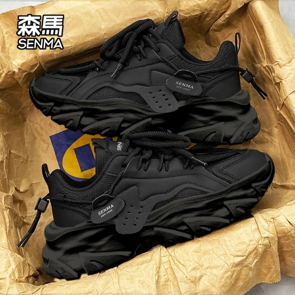 森马冬季黑武士男鞋休闲百搭厚底鞋青少年增高透气网面运动老爹鞋