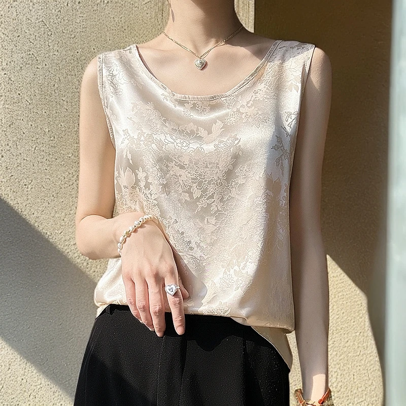 醋酸圆领背心女内搭中国风提花气质显瘦打底衫时尚高级感无袖上衣