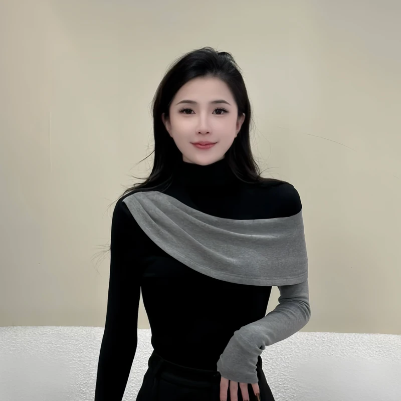 【暮色魅影】长袖T恤女加绒加厚拼接秋冬季打底衫修身半高领9800